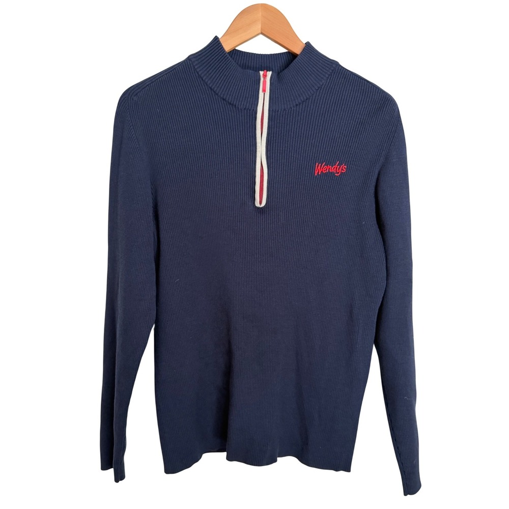 Wendys Uniform Sweater 1/4 Zip Rib Knit Navy Wool Blend Womens M Logo‎ Fast Food